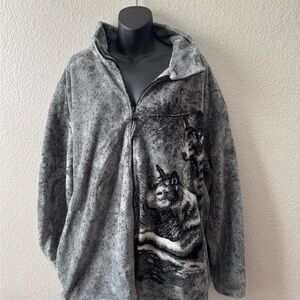 Vintage Gray Wolf Print Fleece Jacket